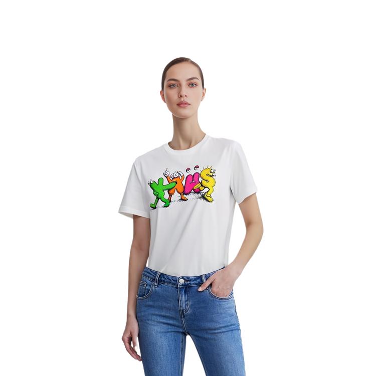 Uniqlo X Kaws Серия Коллабораций Круглый Вырез Прямой Крой Повседневная Футболка с Коротким Рукавом Унисекс Топы Белый 178177