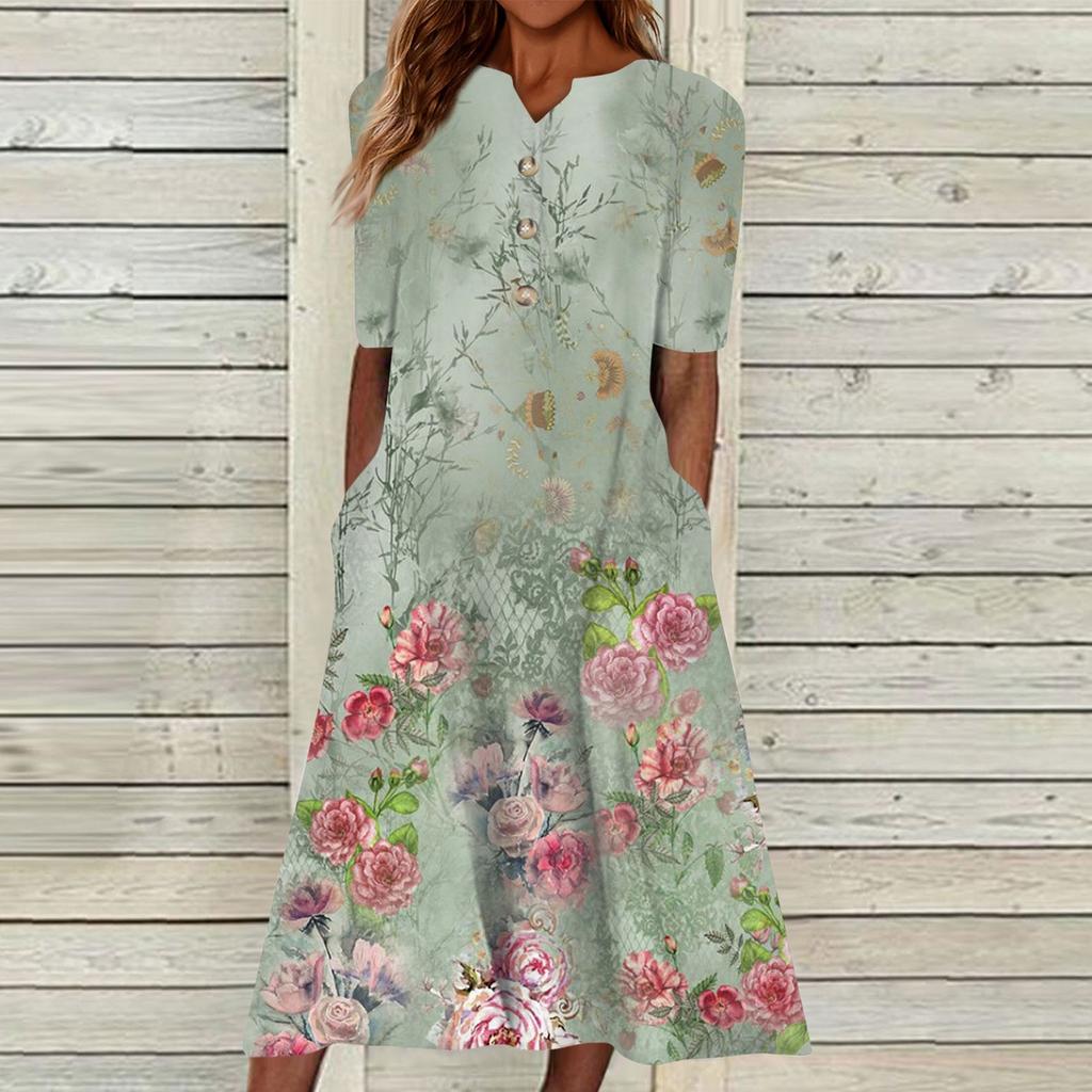 Women's Summer Casual Printed V-Neck Short-Sleeve Swing Dress