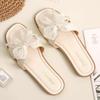 Bow Pearl Slippers Women's Summer New Flat Bottom Square Head One Word Cool Slippers