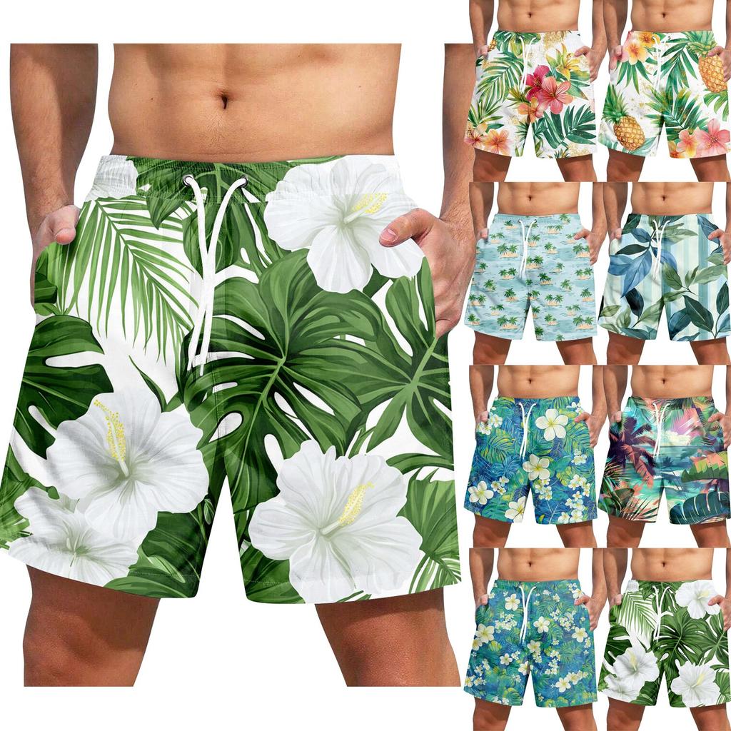 Men's Fashion Hawaiian Print Elastic-Waisted Casual Yoga Pants Beach Shorts