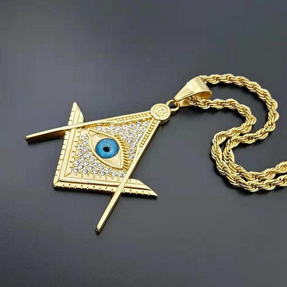 Iced Out Masonic All Seeing Eye Pendant Necklace Male Gold Color Stainless Steel Chain For Men Freemason Mason Jewelry