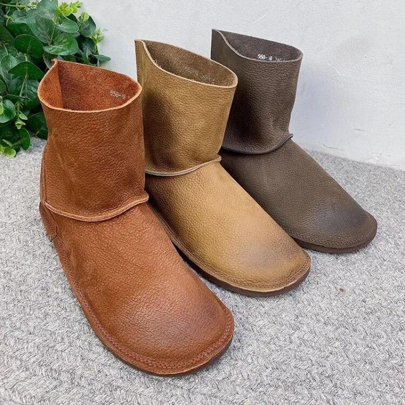 Винтажные короткие сапоги ручной работы из натуральной кожи, однотонные универсальные женские ботинки из мягкой воловьей кожи на плоской подошве