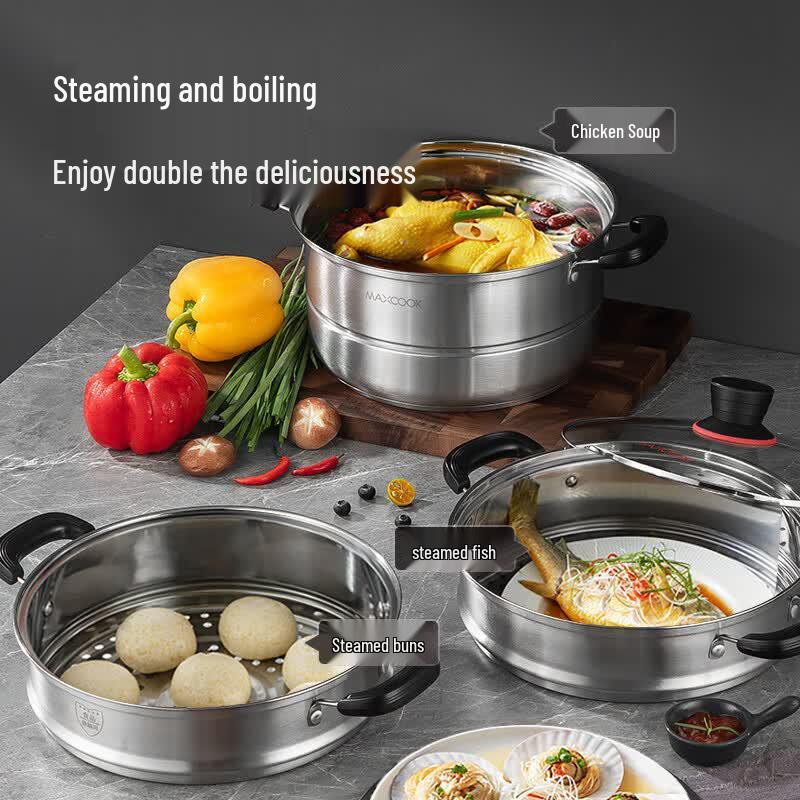 MAXCOOK 28cm Two-Tier Stainless Steel Steamer Pot