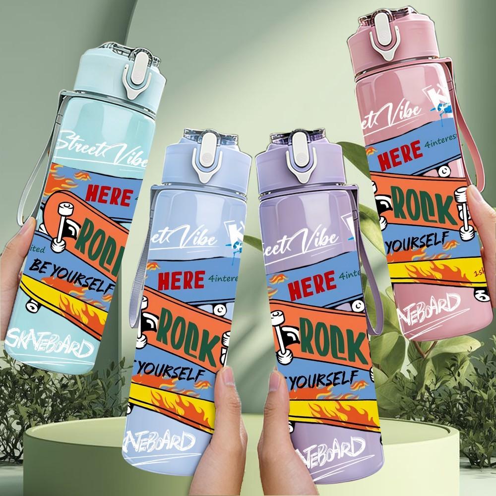 1PC Stacked Skateboard Retro Skate Culture Art 750ml Color Plastic Sports Water Bottle Leakproof Flip Straw Lid Suitable for Sports Office Home Use