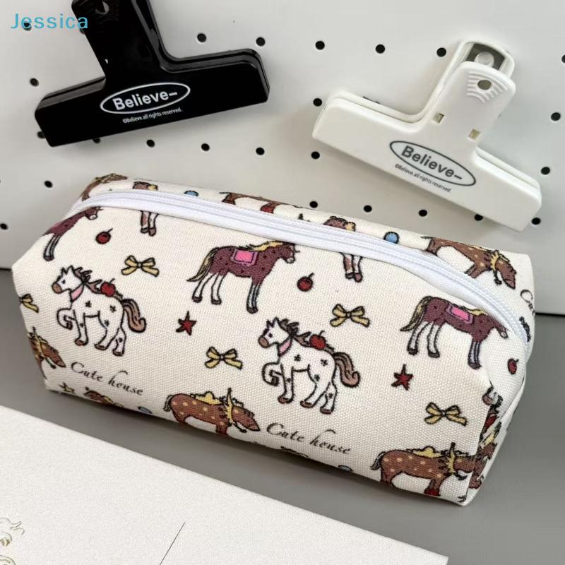 Cute Horse Print Pencil Case – Canvas Zipper Pouch For Stationery Cosmetics  Daily Essentials
