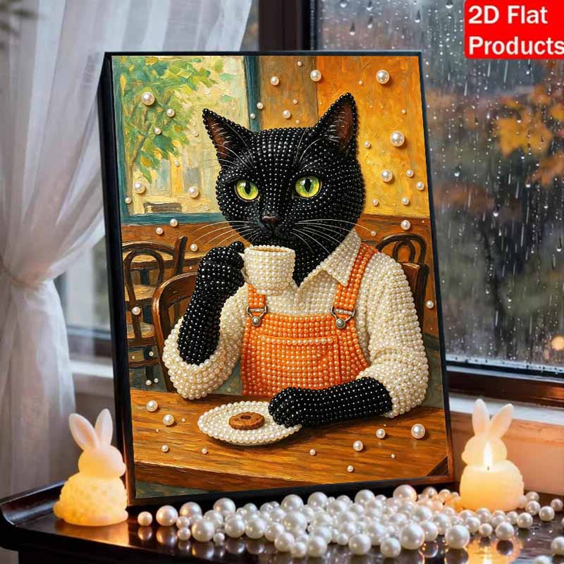 Набор для создания картины из жемчуга в рамке Черный кот пьет кофе 3D Блестящая бисерная картина на холсте для спальни гостиной Декор Настенное искусство Поделки своими руками 144