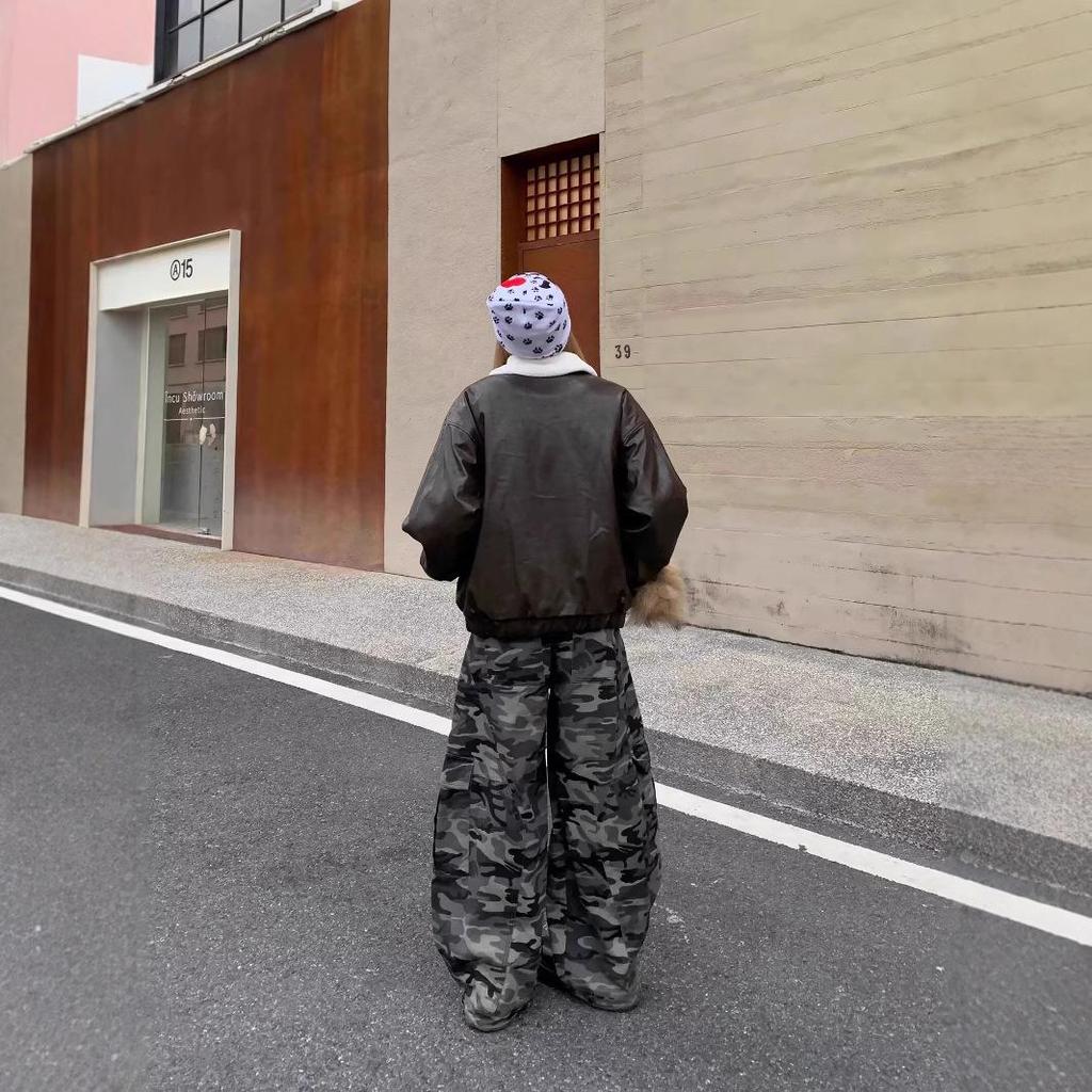 Унисекс Джинсы в стиле ретро камуфляж широкие штанины рабочая одежда с множеством карманов