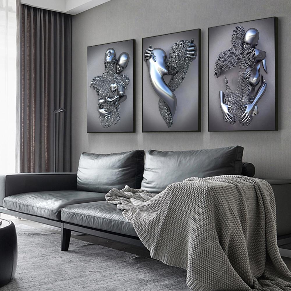 3D Love Heart Серая металлическая фигура Статуя Плакаты и принты Современная картина на холсте Настенные картины для гостиной Домашний декор