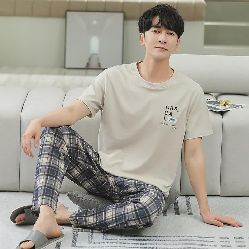 Men's Summer 2023 Cotton Pajama Set - Short-Sleeve Top & Trousers, Loose Fit, Large Sizes