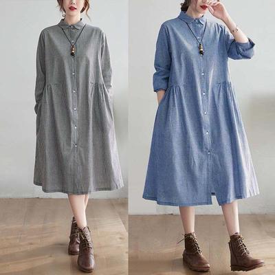 Реальное весеннее новое литературное свободное хлопково-льняное клетчатое платье с лацканами и длинными рукавами, женская юбка-рубашка средней длины