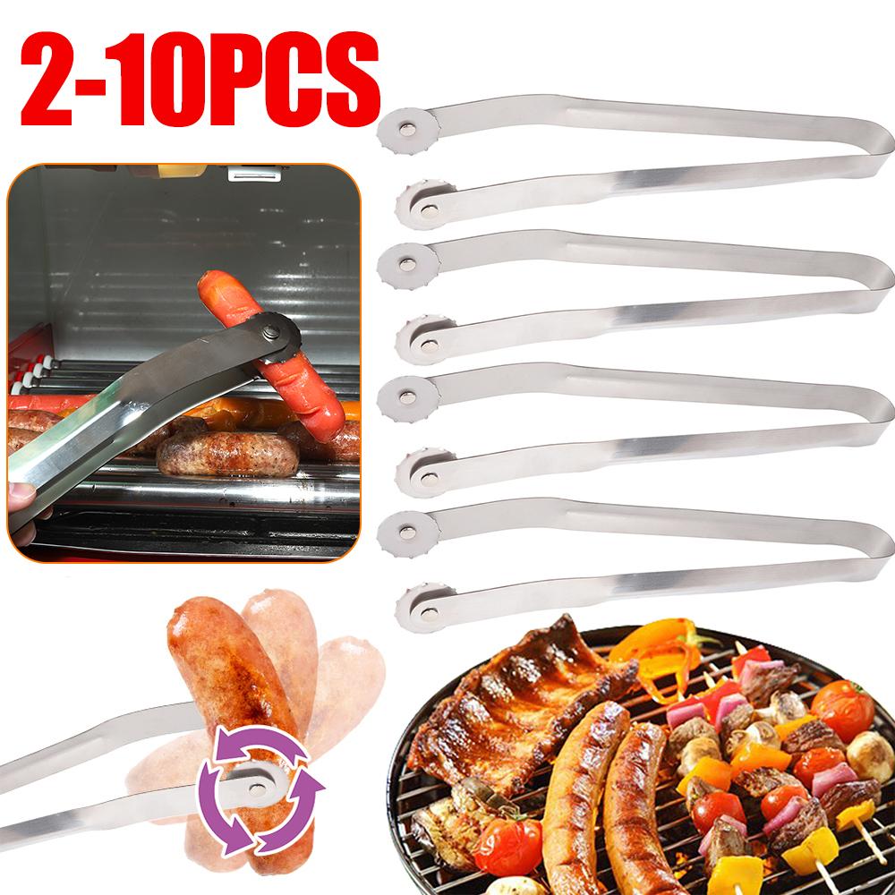2-10pcs BBQ Sausage Turning Tongs Kitchen Hot Dogs Cooking Clip Stainless Barbecue Long Handle Tongs for Flipping Bacon Steak
