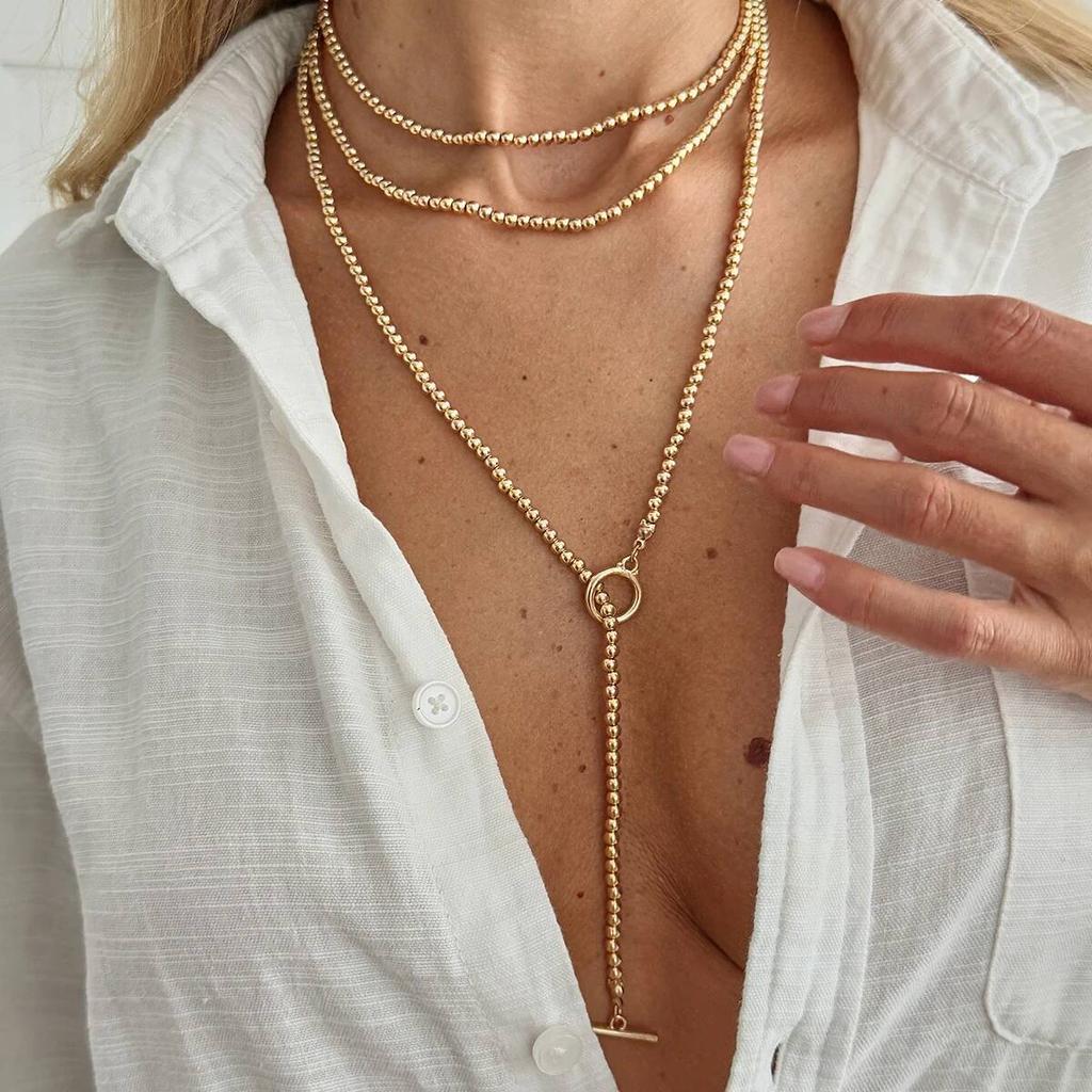 Salircon Trendy Multilayer Simple Long Chain Pendant Necklace for Women Bohemia Gold Color CCB Beaded Sweater Chain Jewelry Gift