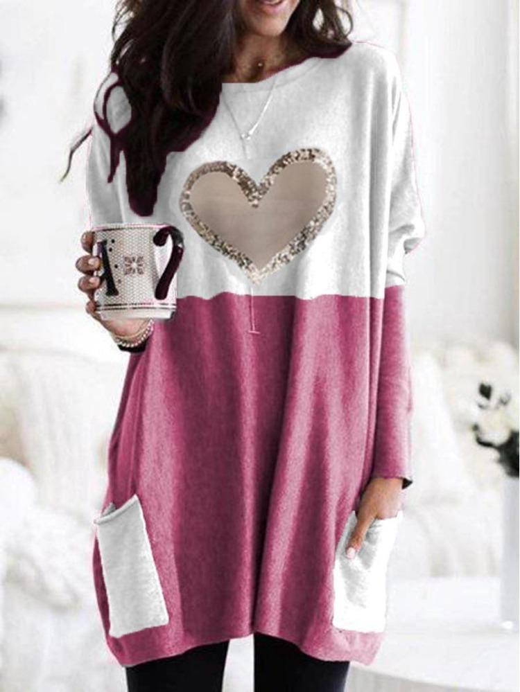 2026 Women Love Print Round Neck Tee Loose Long Sleeve Contrast Colors Wish