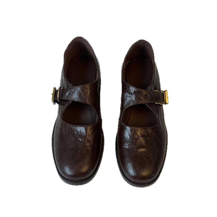 Универсальные Мэри Джейн из овчины в стиле колледжа 2025 с круглым носком, толстым средним каблуком, кожаной квадратной пряжкой, одинарные туфли, женские, ретро, колледж