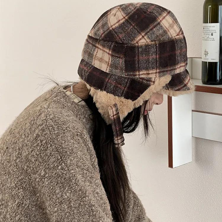 WTEMPO Ретро клетчатые женские осенне-зимние ретро шляпы однотонные повседневные универсальные теплые с защитой ушей плюшевые внутренние шапки