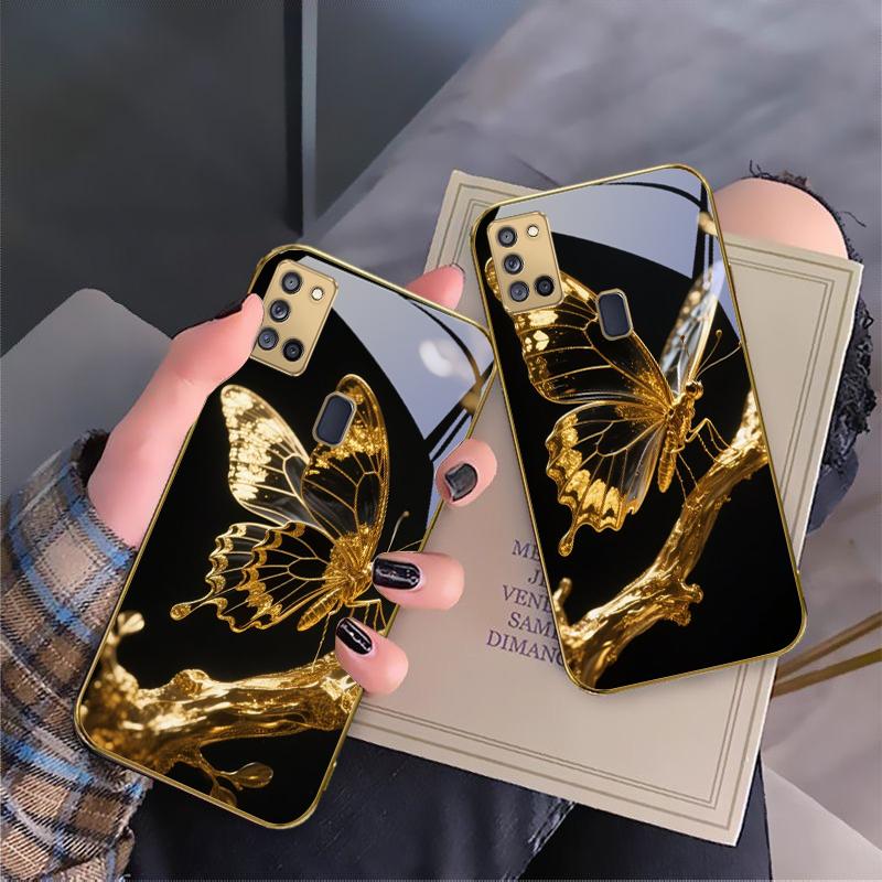 Бабочка на ветке Для Samsung A 31 32 A33 A34 35 14 A15 13 A16 25 26 50 52 53 54 55 56 70 71 72 73 Золотой стеклянный чехол для телефона