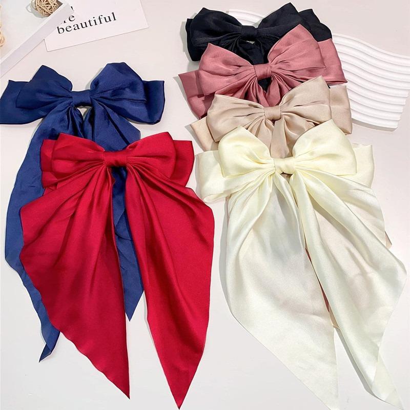 1 Pcs Fashionable Solid Color Ribbon Bow Hair Clip Women's Elegant Long Satin Large Bow Spring Clip Hair Accessory Top Clips