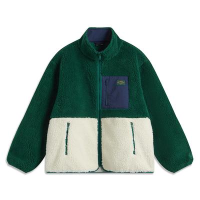 Li Ning Sports Lifestyle Series Теплая повседневная флисовая куртка из овечьей шерсти с воротником-стойкой, ветрозащитная, унисекс, зеленая AFDUC95-2