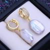 LSOOYH Natural Freshwater White Big Baroque Pearl Earrings For Women Fashion Cultured Pearls Silver Color Hoop Earrings Wedding Jewelry