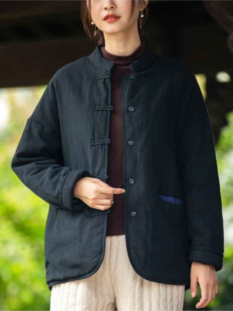 Johnature Женские льняные парки в китайском стиле с длинными рукавами и пуговицами, однотонные пальто, зимние винтажные теплые парки для женщин