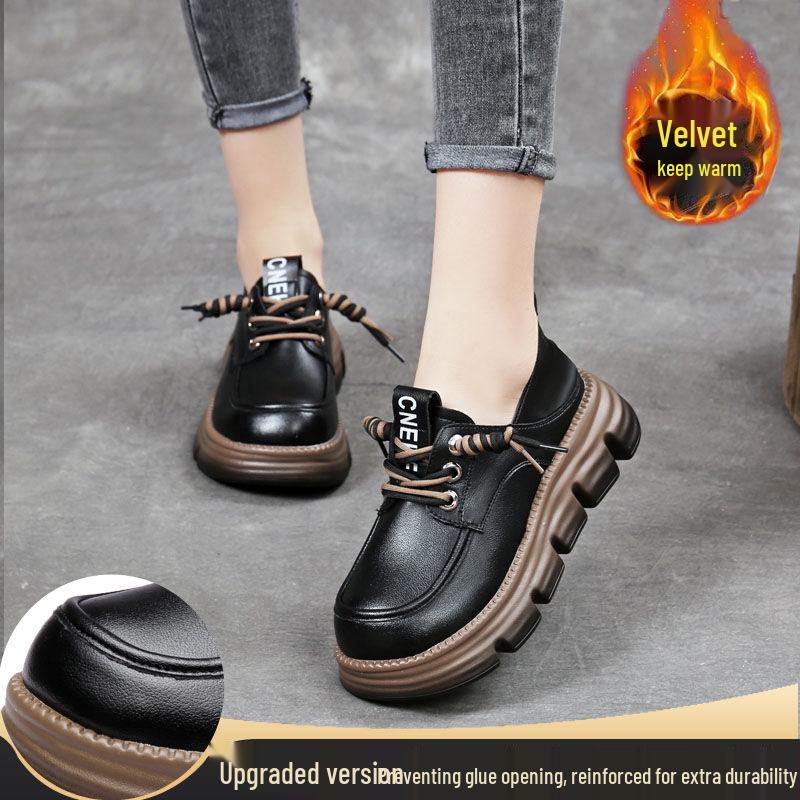 Женские лоферы из натуральной мягкой кожи, британский стиль 2025 - Весна/Осень, Толстая подошва, На шнуровке, Универсальная, Удобная обувь