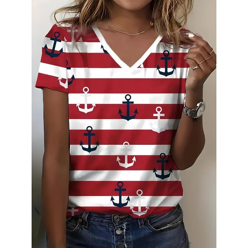 Women's T-Shirts Geometric Color Blocks Graphics Fashion Short Sleeved V-Neck Regular Tops Daily Prints Tee Summer Casual Tops