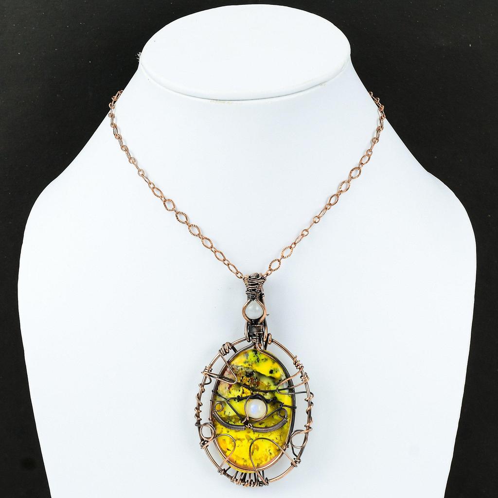 Сглаз Желтый Дендрит Опал Кулон Медная Проволока Обернутый Кулон Радуга Лунный Камень Ювелирные Изделия Из Драгоценных Камней Кулон Ручной Работы Ювелирные Изделия Из Проволоки Сглаза