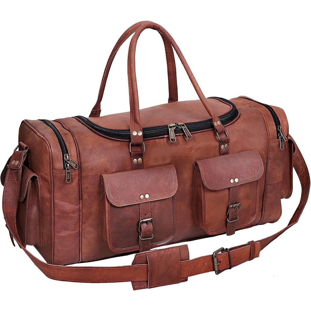 Leather 24 Inch U Zip Holdall Luggage Handmade Duffel Bag Carryall Weekender Travel Overnight Gym Sports Carry On Duffel Bag For Men And Women