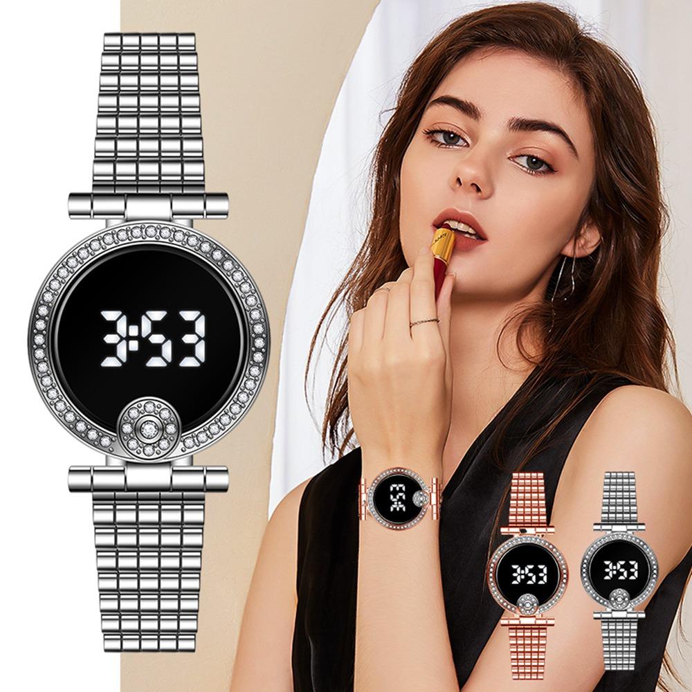 New Fashion Women Watches Luxury Ladies Rhinestone LED Digital Watch Simple Round Dial Alloy Strap Women Wristwatch Reloj Mujer
