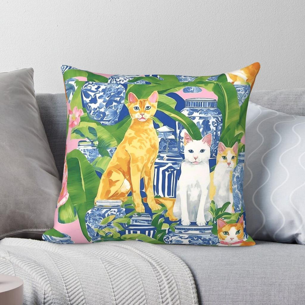 Cats And Chinoiserie Jars Square Pillowcase Polyester Linen Velvet Pattern Zip Decor Pillow Case Sofa Cushion Cover