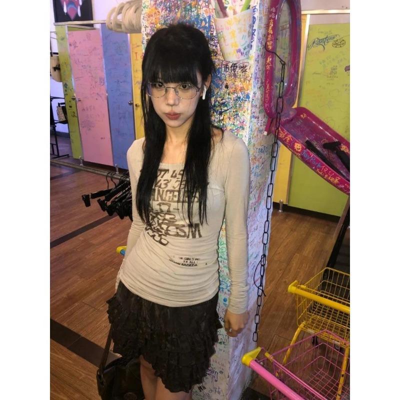 2KWEIRD Японская футболка Y2k с принтом букв, в стиле трэш 2000-х, с длинным рукавом, рубчатый топ, винтажная уличная одежда Харадзюку, американский ретро