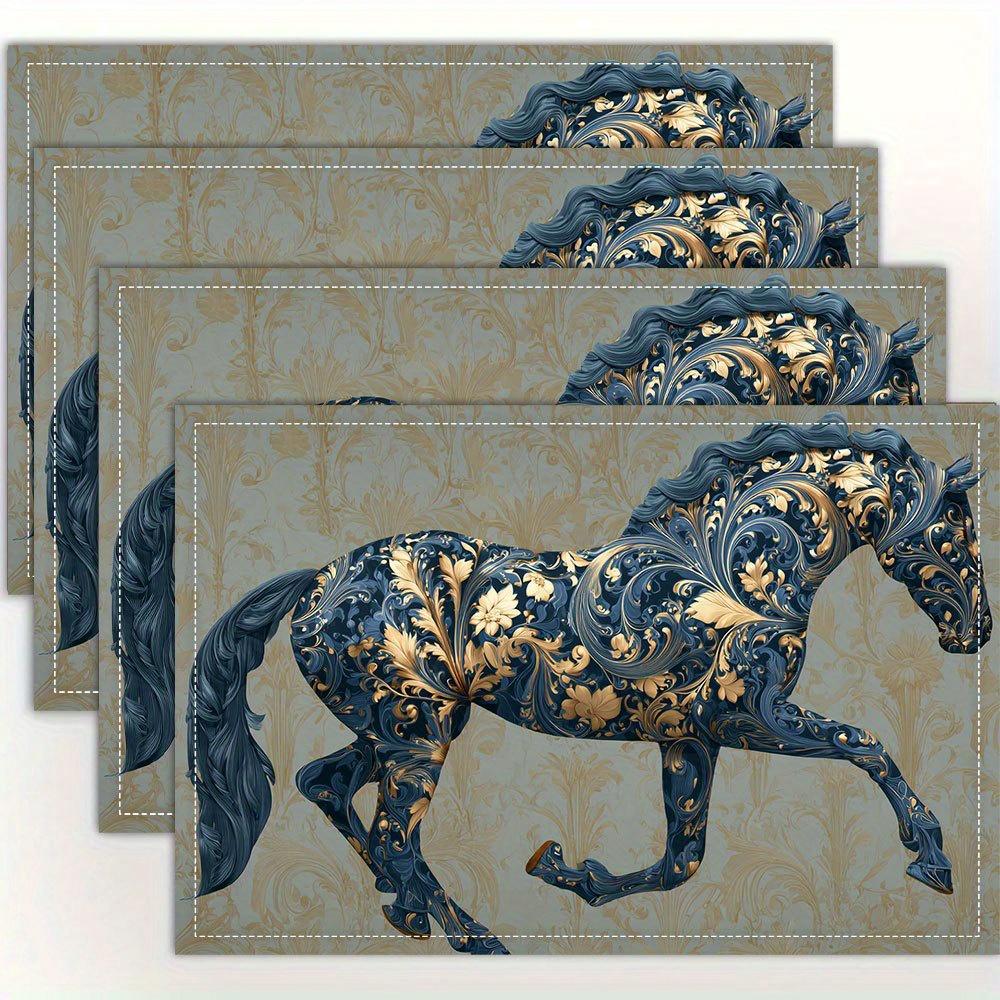 Ornate Horse Placemats Set Of 4 Blue Gold Floral Pattern Linen Table Mats With Elegant Steed Design Washable Heat Resistant