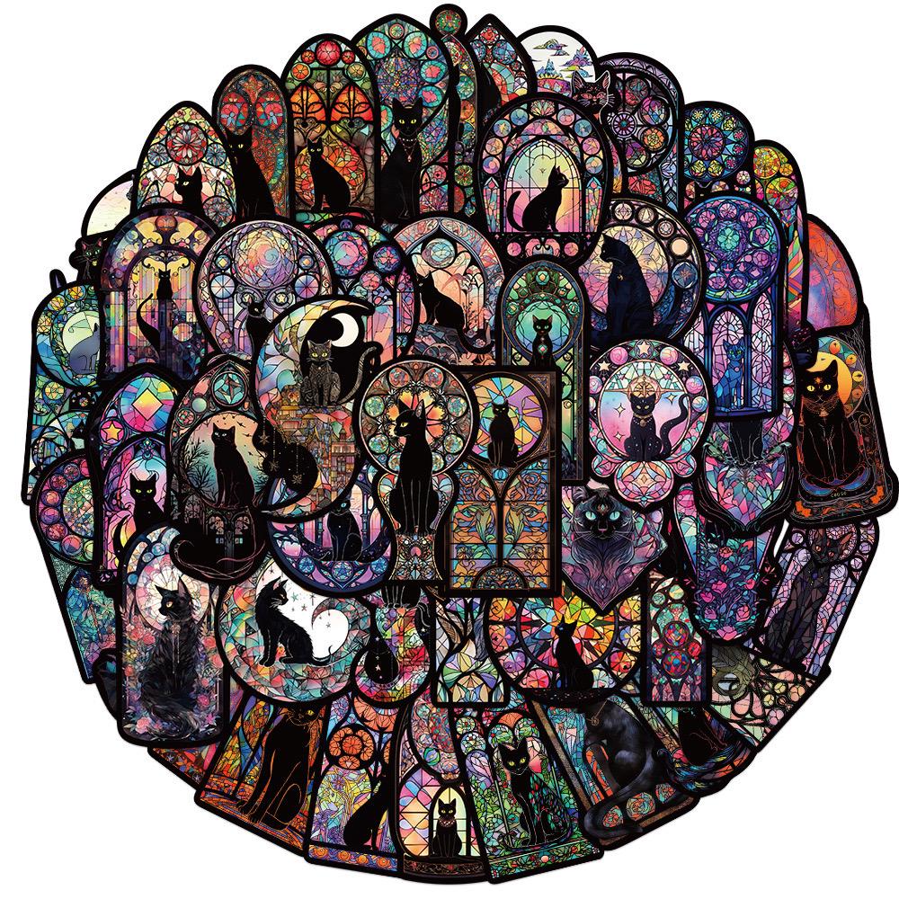 Красочные мультяшные готические наклейки с черным котом и мотивами цветов и окон - набор из 10 или 50 штук для DIY проектов, багажа и многого другого
