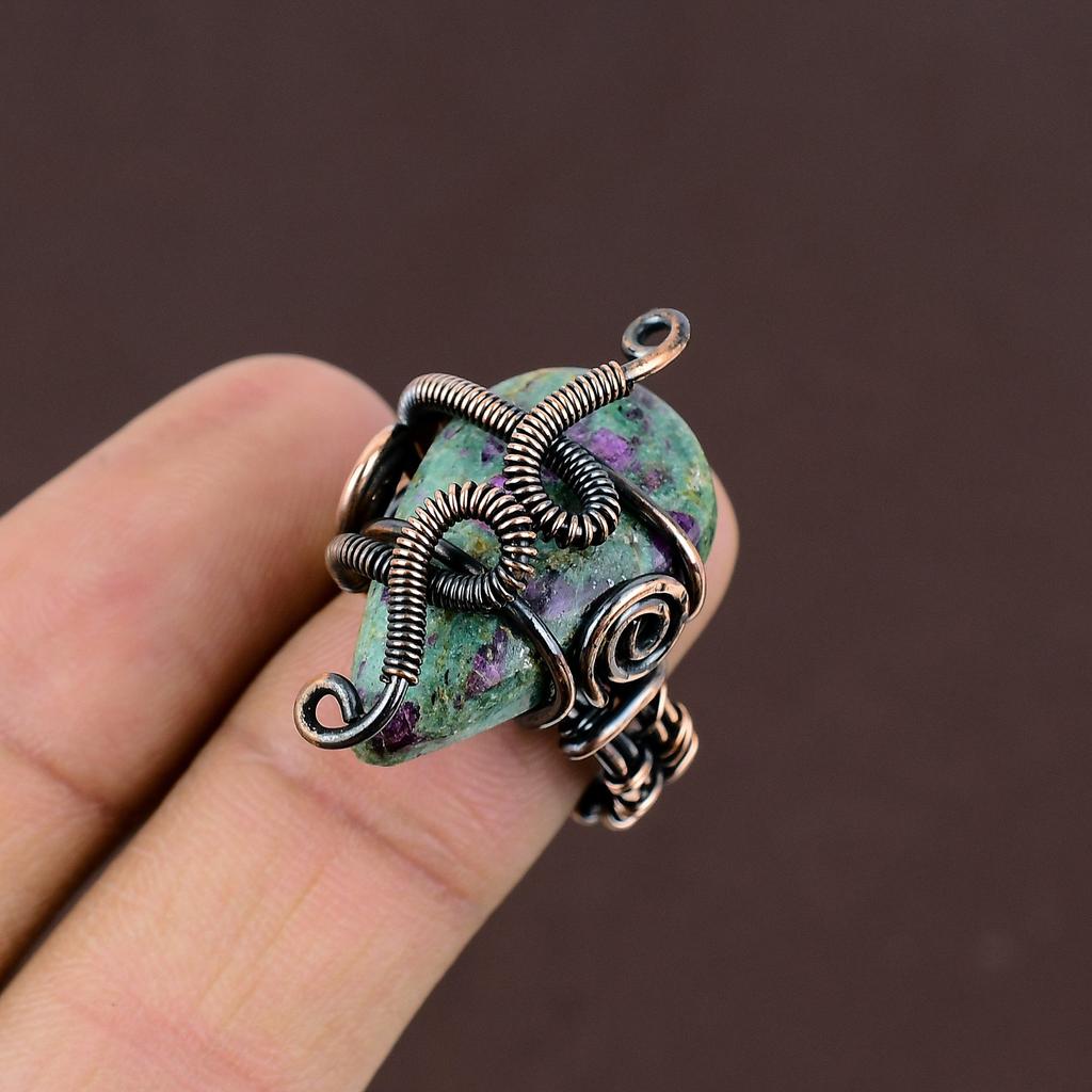 Ruby In Fuchsite Gemstone Handmade Copper Wire Wrap Jewelry Ring Size 8 S9d71