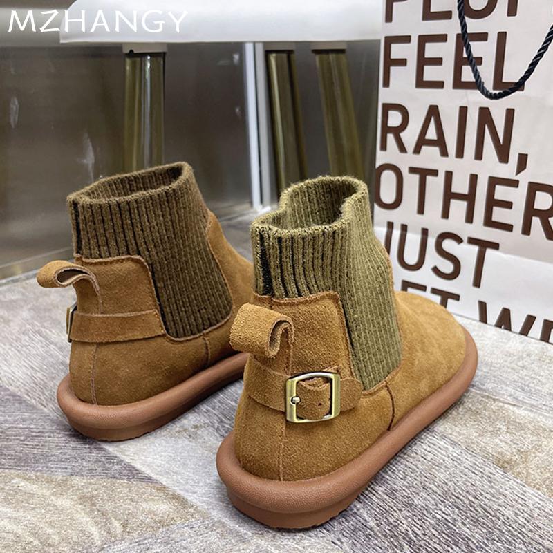 Модные женские туфли на плоской подошве из замши, ботильоны, вязаные туфли с пряжкой, женские зимние ботинки 2025 года, повседневные, новые, удобные, дизайнерские, готические, женские ботинки