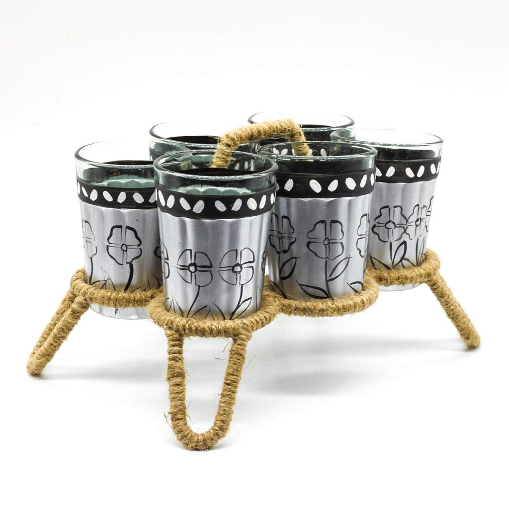 Набор чайников с ручной росписью из 9 шт. (Содержимое упаковки: 1 расписанный вручную чайник, 6 раскрашенных вручную стаканов, 1 подставка на железной веревке, 1 коричневый поднос из натурального дерева.