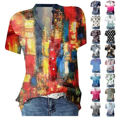 Женская повседневная рубашка с v-образным вырезом и короткими рукавами с принтом, пуловер, свободная блузка, топы