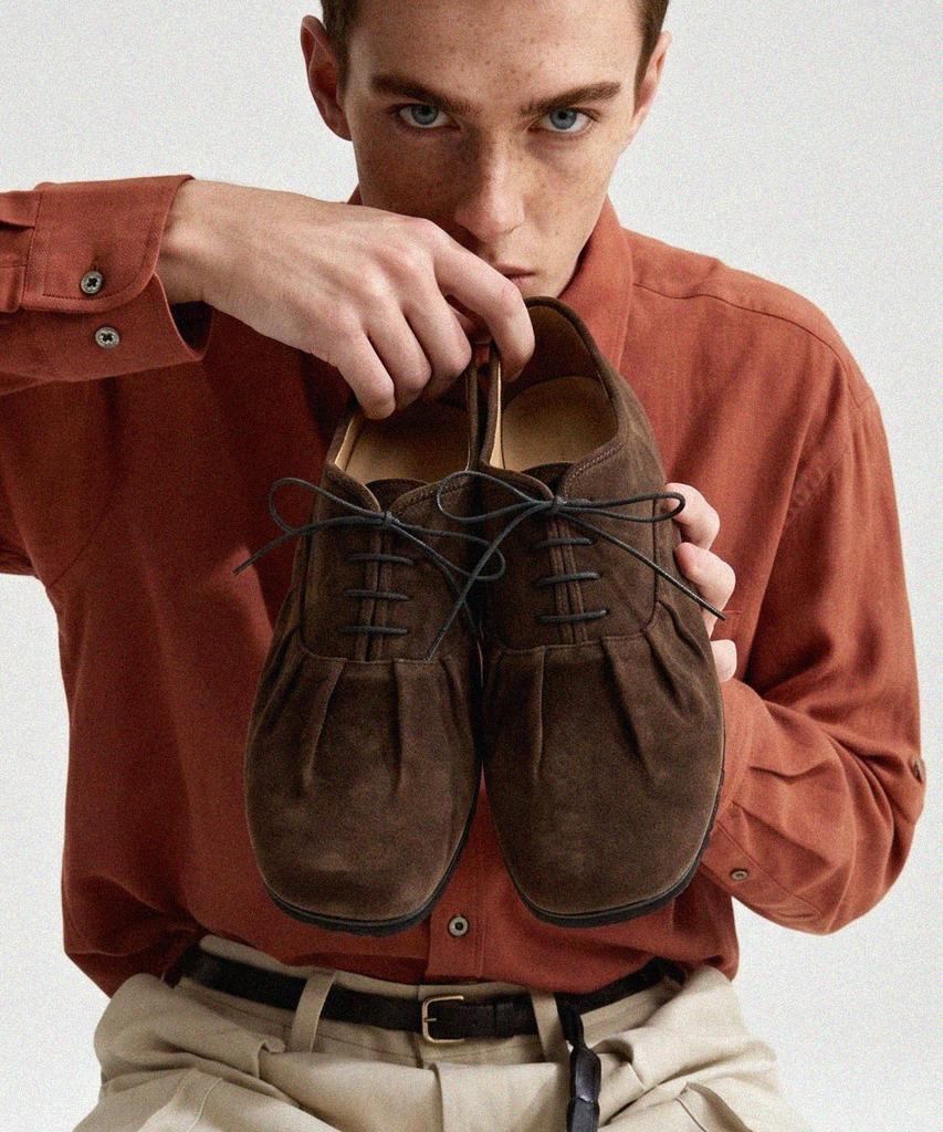 Firenze Atelier [Vibram] Shirring Detail Unisex Casual Derby 8800 [Dark Brown Suede]