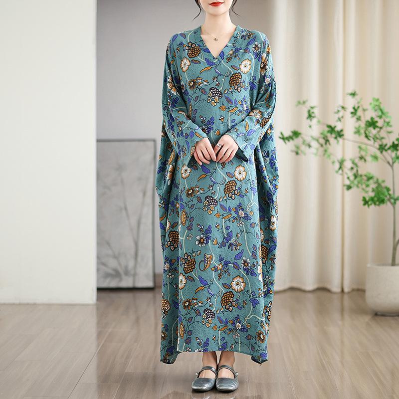 Ранняя весна отпуск стиль туризм V-образный вырез художественный ретро свободный повседневный средней длины закрытое платье