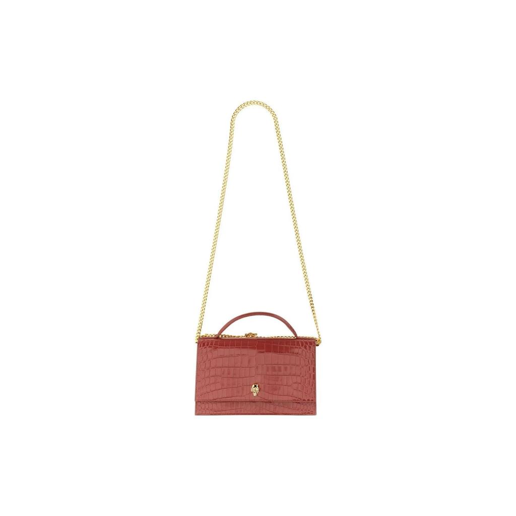 Alexander Mcqueen Skull Croc-Embossed Top Handle Bag, Deep Red, Gold Skull Hardware, Women's Luxury Handbag for Daily Party 732798-1HB0G-6338