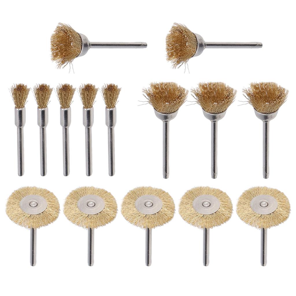 15Pcs Brass Wire Wheels Metal Grinding Rotary Tool T Shape Pen Shape Bowl Shape Brushes