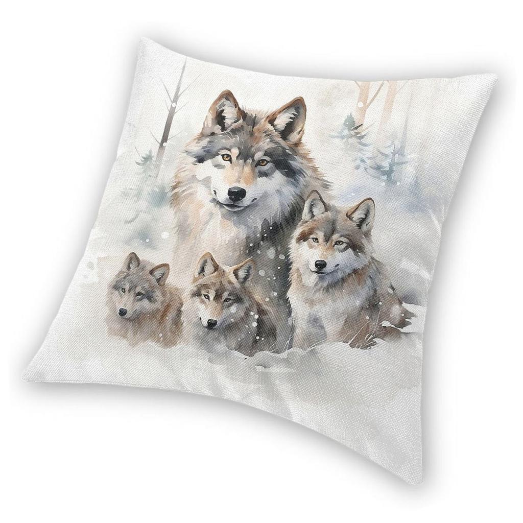 Wolf Family Winter Forest Square Pillowcase Polyester Linen Velvet Creative Zip Decor Home Cushion Cover
