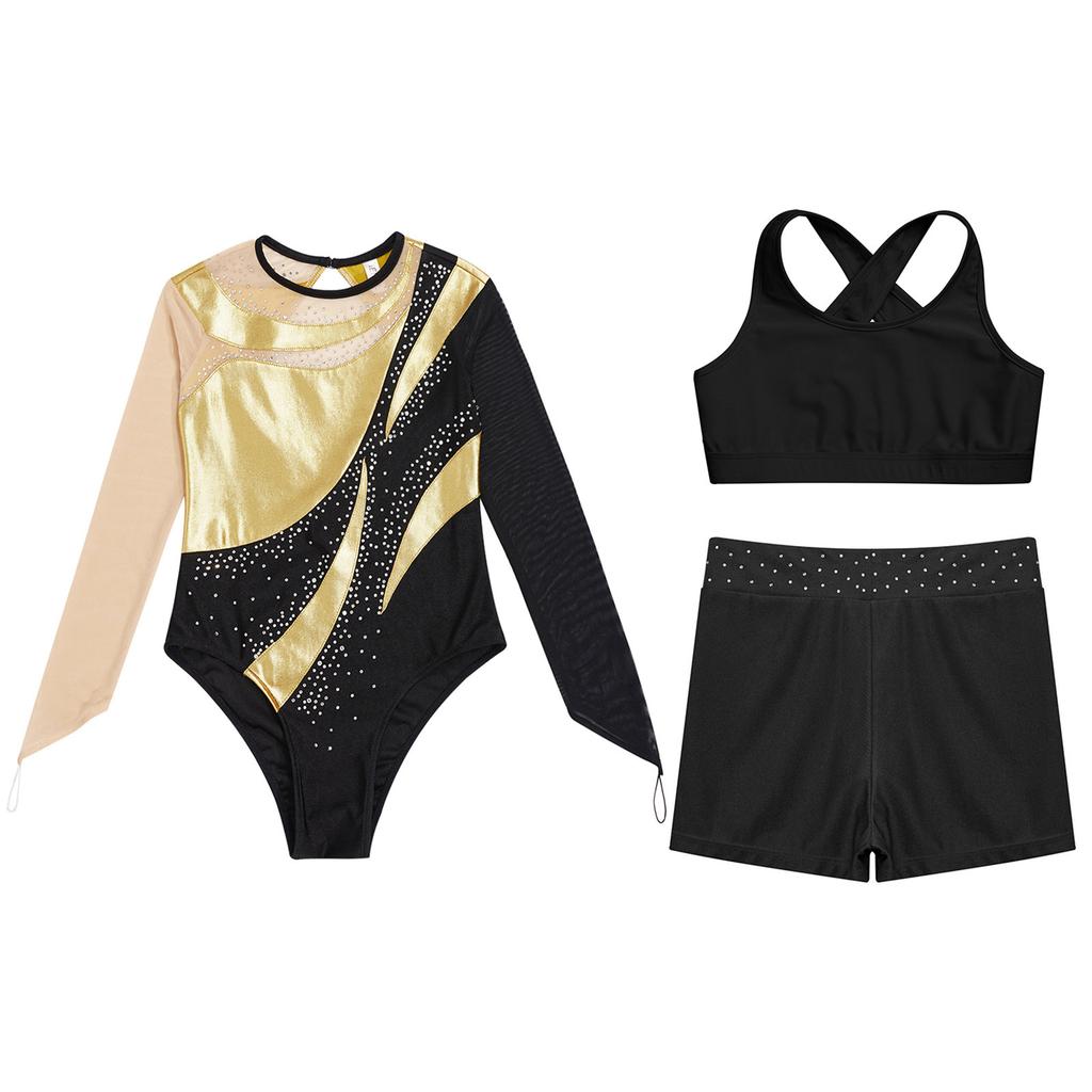 Гимнастический купальник для девочек и детей с шортами, с длинным рукавом, для акробатики, балета, танцев, юнитард с активным жилетом