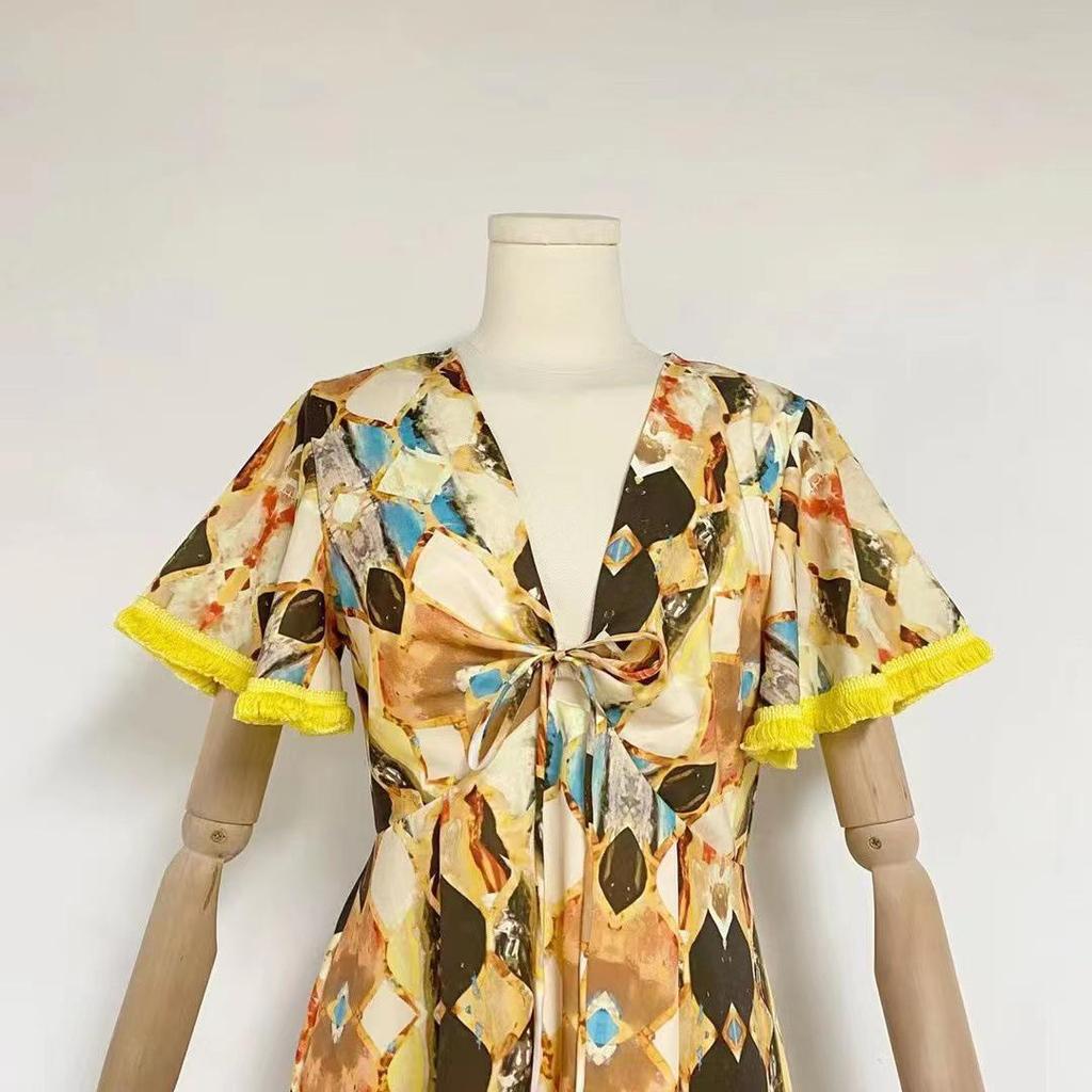 Женское длинное платье с V-образным вырезом, кисточками и открытой спиной, со шнуровкой на талии, осень 2023 г.