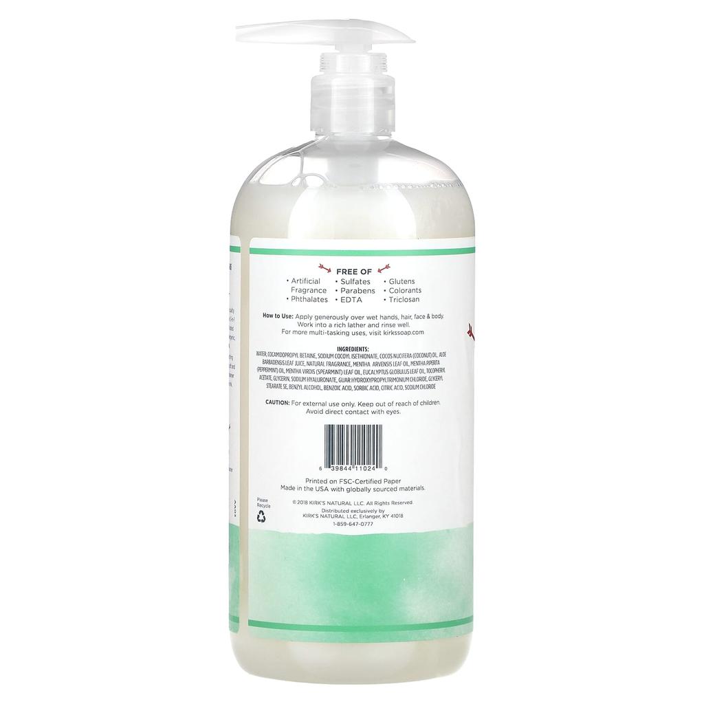 Kirk's, 3-in-1 Head To Toe Nourishing Cleanser, Mint and Eucalyptus, 32 Fl Oz (946 Ml)