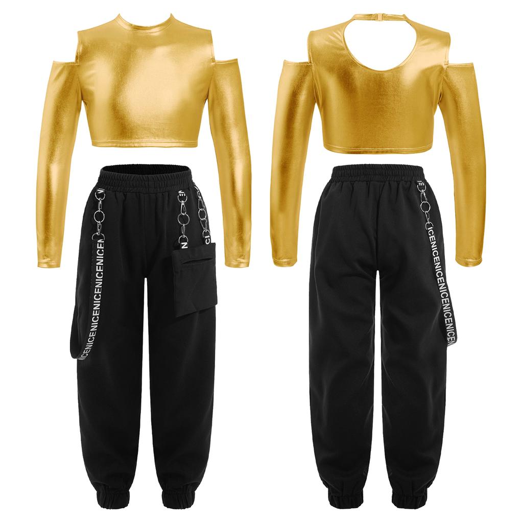 Детский укороченный топ с открытыми плечами и вырезом сзади для девочек, брюки с эластичной резинкой на талии для современного джаза, хип-хопа, танцев