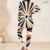 Women Plus Size Round Neck Long Sleeve Black Orange Beige Geometric Print Long Top And Fitted Pants Two Piece Set