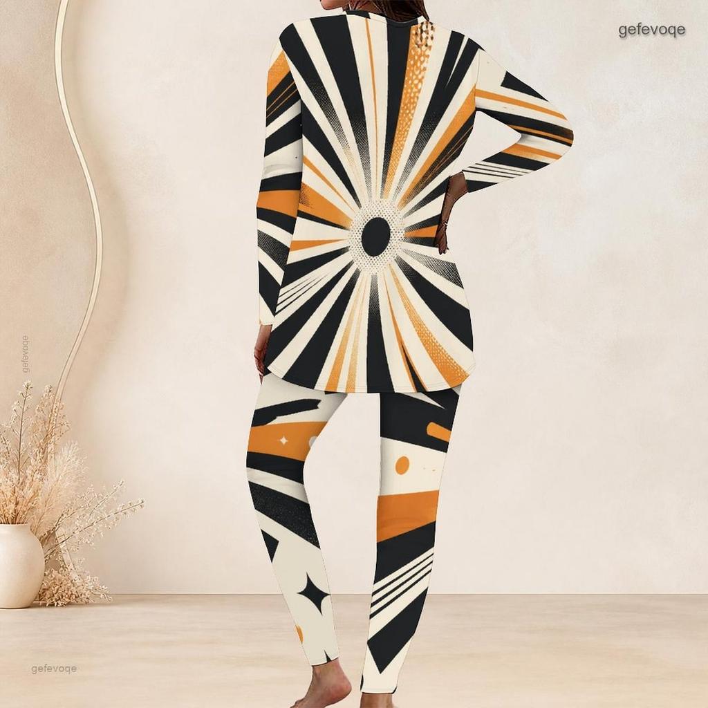 Women Plus Size Round Neck Long Sleeve Black Orange Beige Geometric Print Long Top And Fitted Pants Two Piece Set