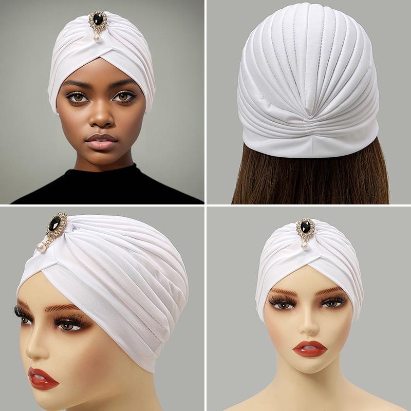 1PC Sunscreen Hijab Summer Breathable India Cap Retro Muslim Headscarf Fashion Turban Hat Sparkling Rhinestone Solid Color