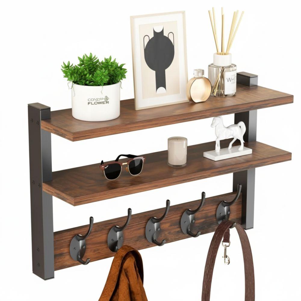 with Hooks Two-Tier Coat Rack Wall Mounted Entryway Coat Hook Wall Shelf for Bedroom Living Room